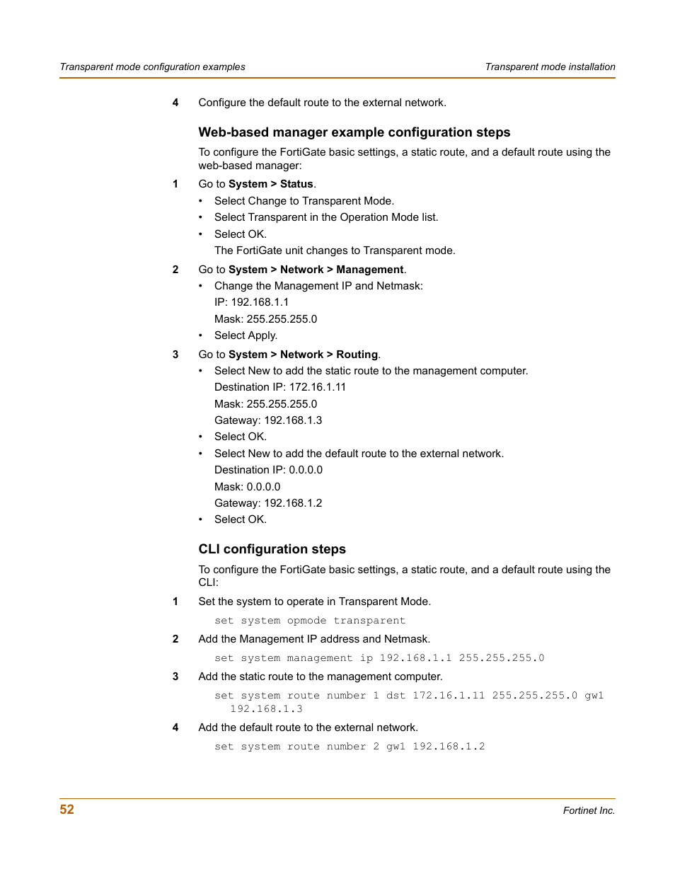 Web-based manager example configuration steps, Cli configuration steps | Fortinet FortiGate 50A User Manual | Page 52 / 272