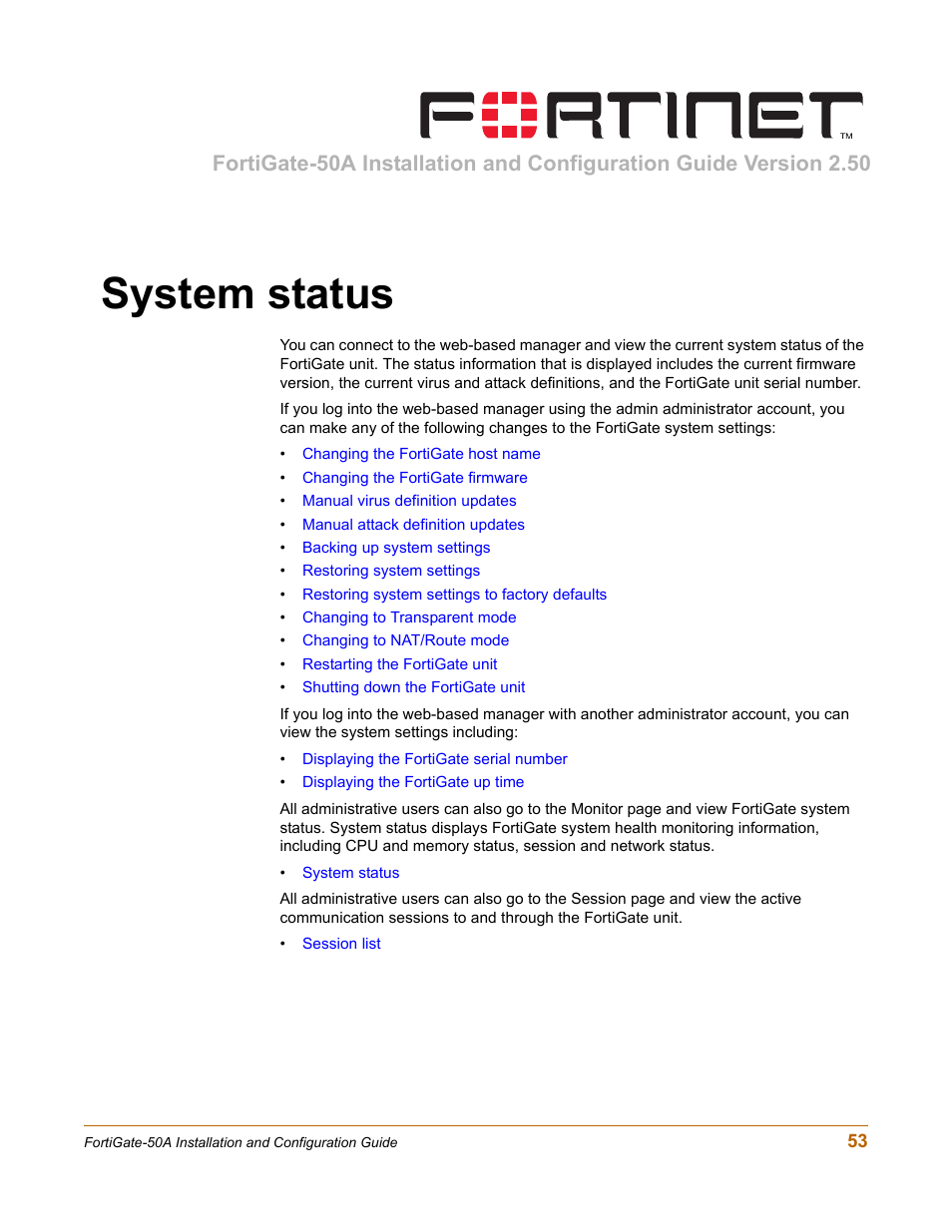 System status | Fortinet FortiGate 50A User Manual | Page 53 / 272