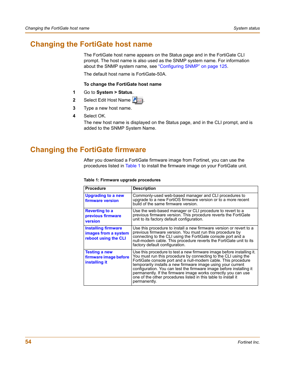 Changing the fortigate host name, Changing the fortigate firmware | Fortinet FortiGate 50A User Manual | Page 54 / 272