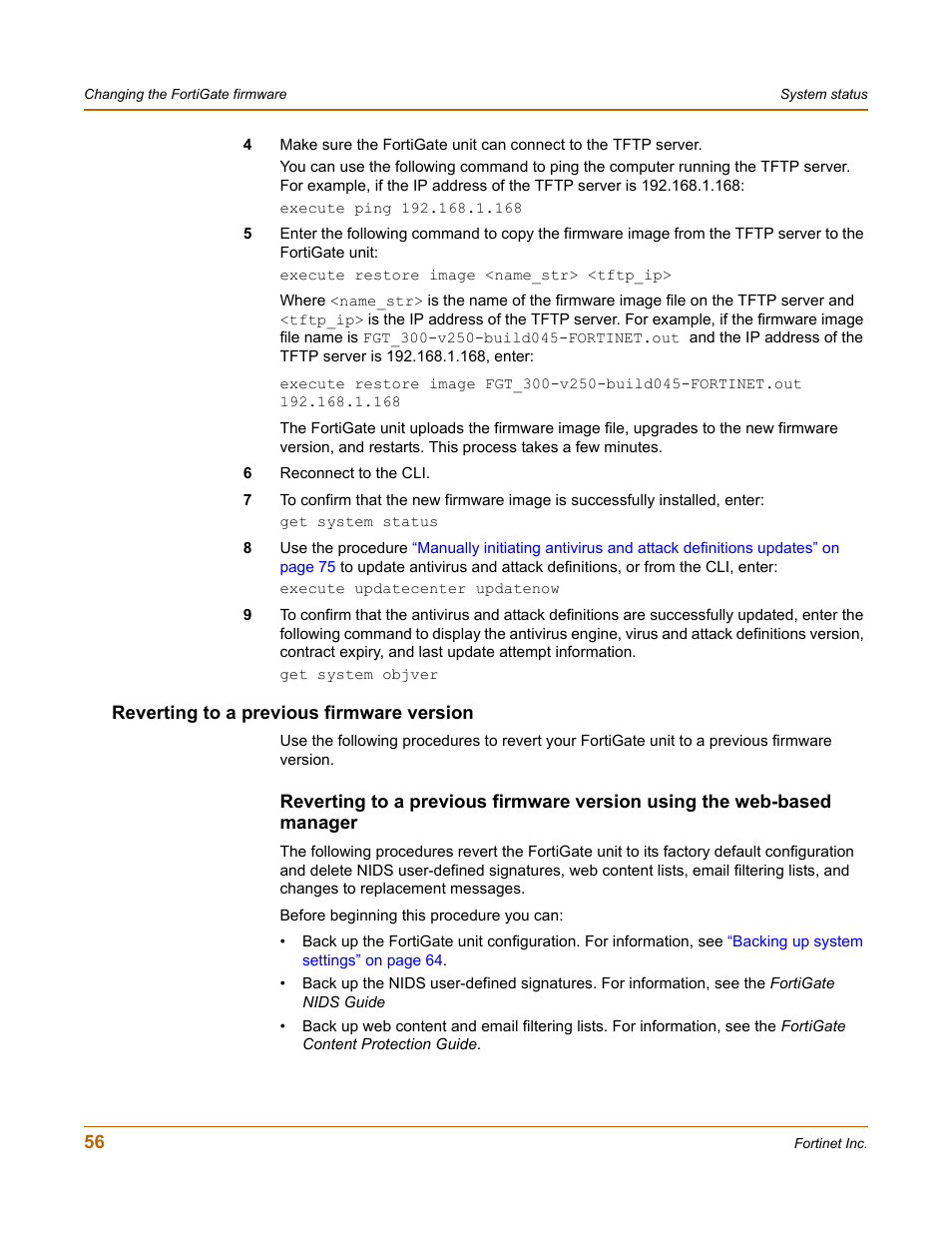 Reverting to a previous firmware version | Fortinet FortiGate 50A User Manual | Page 56 / 272