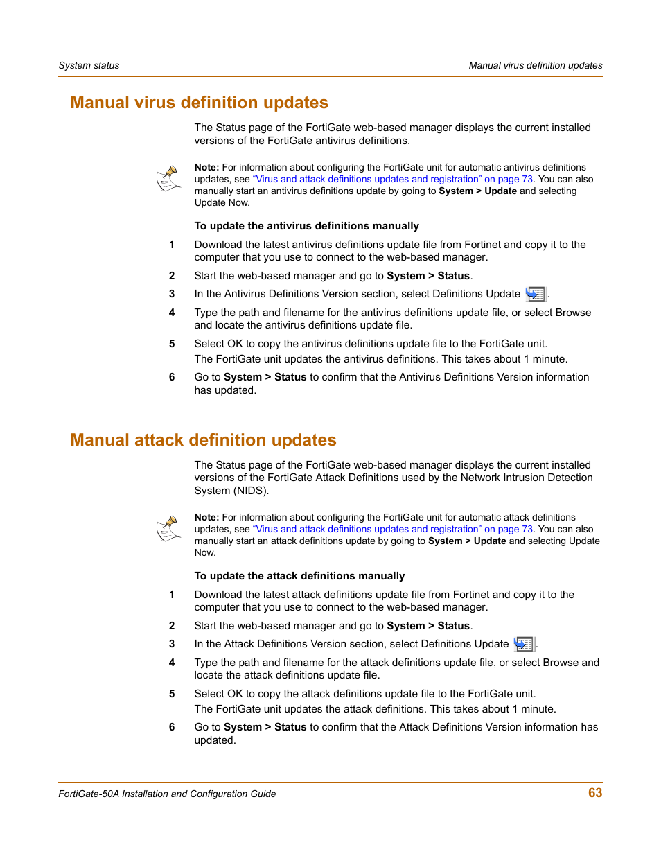 Manual virus definition updates, Manual attack definition updates | Fortinet FortiGate 50A User Manual | Page 63 / 272