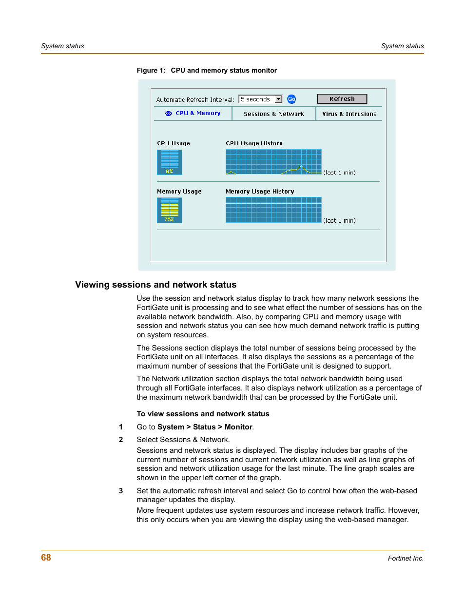 Viewing sessions and network status | Fortinet FortiGate 50A User Manual | Page 68 / 272