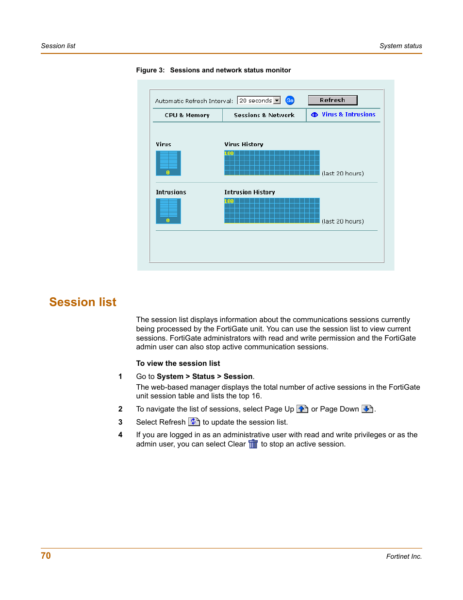 Session list | Fortinet FortiGate 50A User Manual | Page 70 / 272