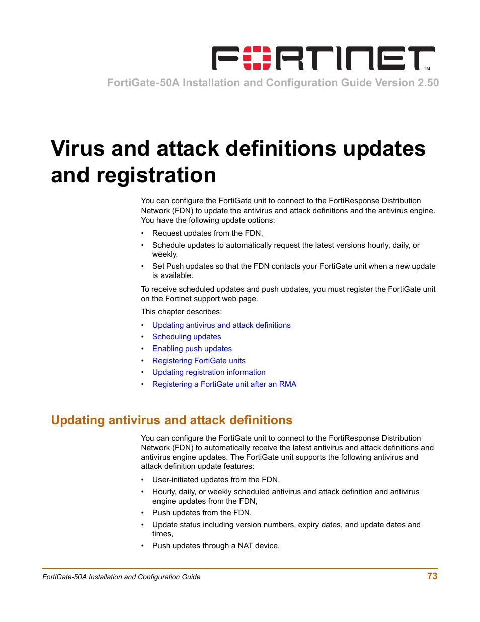 Updating antivirus and attack definitions, Updating antivirus and attack | Fortinet FortiGate 50A User Manual | Page 73 / 272