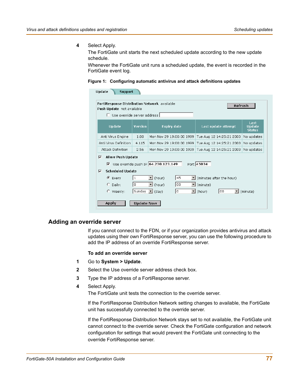 Adding an override server, Adding | Fortinet FortiGate 50A User Manual | Page 77 / 272