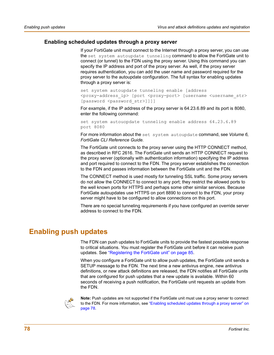 Enabling scheduled updates through a proxy server, Enabling push updates, S, see | Enabling, Enabling push updates” on, Scheduled updates through a proxy server” on | Fortinet FortiGate 50A User Manual | Page 78 / 272