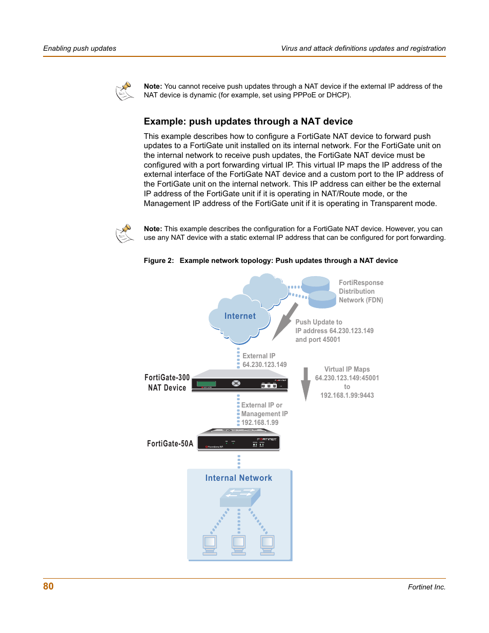 Example: push updates through a nat device, Internet, Fortigate-50a internal network | Fortigate-300 nat device | Fortinet FortiGate 50A User Manual | Page 80 / 272