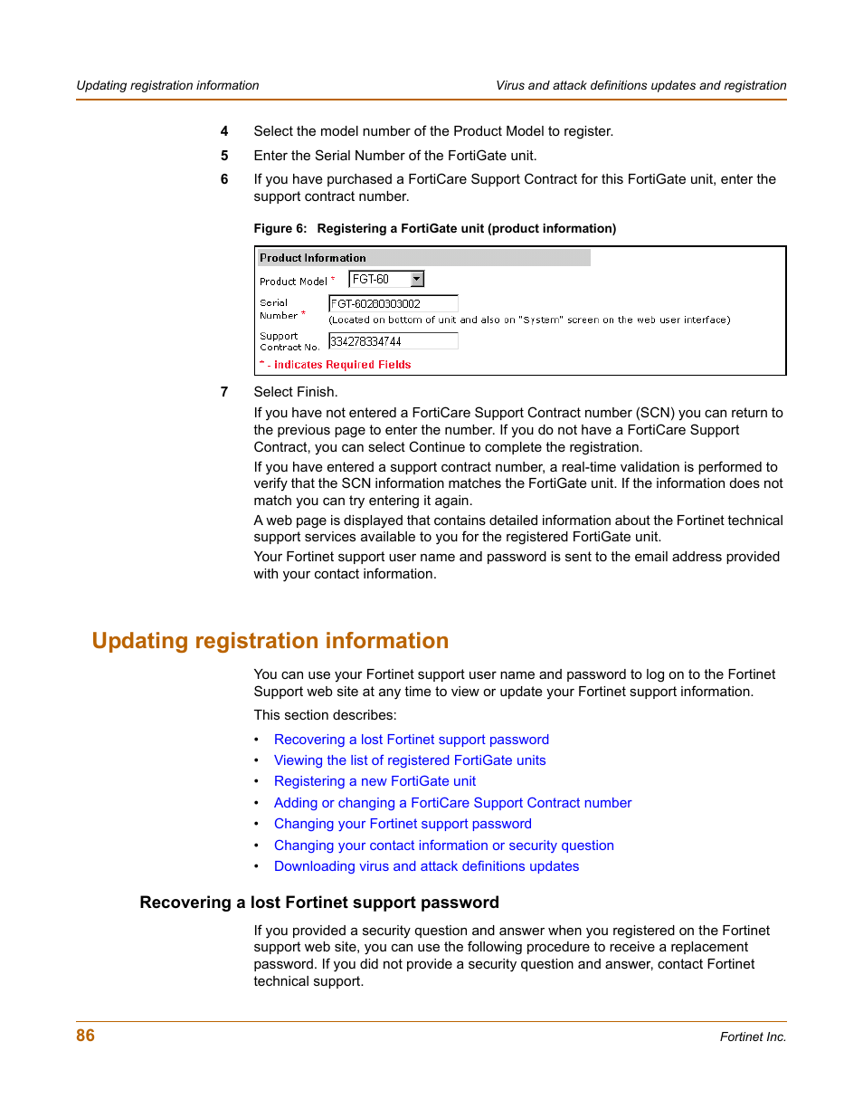 Updating registration information, Recovering a lost fortinet support password | Fortinet FortiGate 50A User Manual | Page 86 / 272