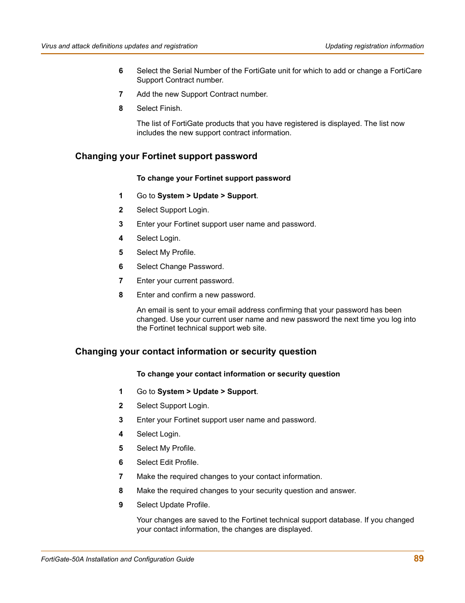 Changing your fortinet support password | Fortinet FortiGate 50A User Manual | Page 89 / 272