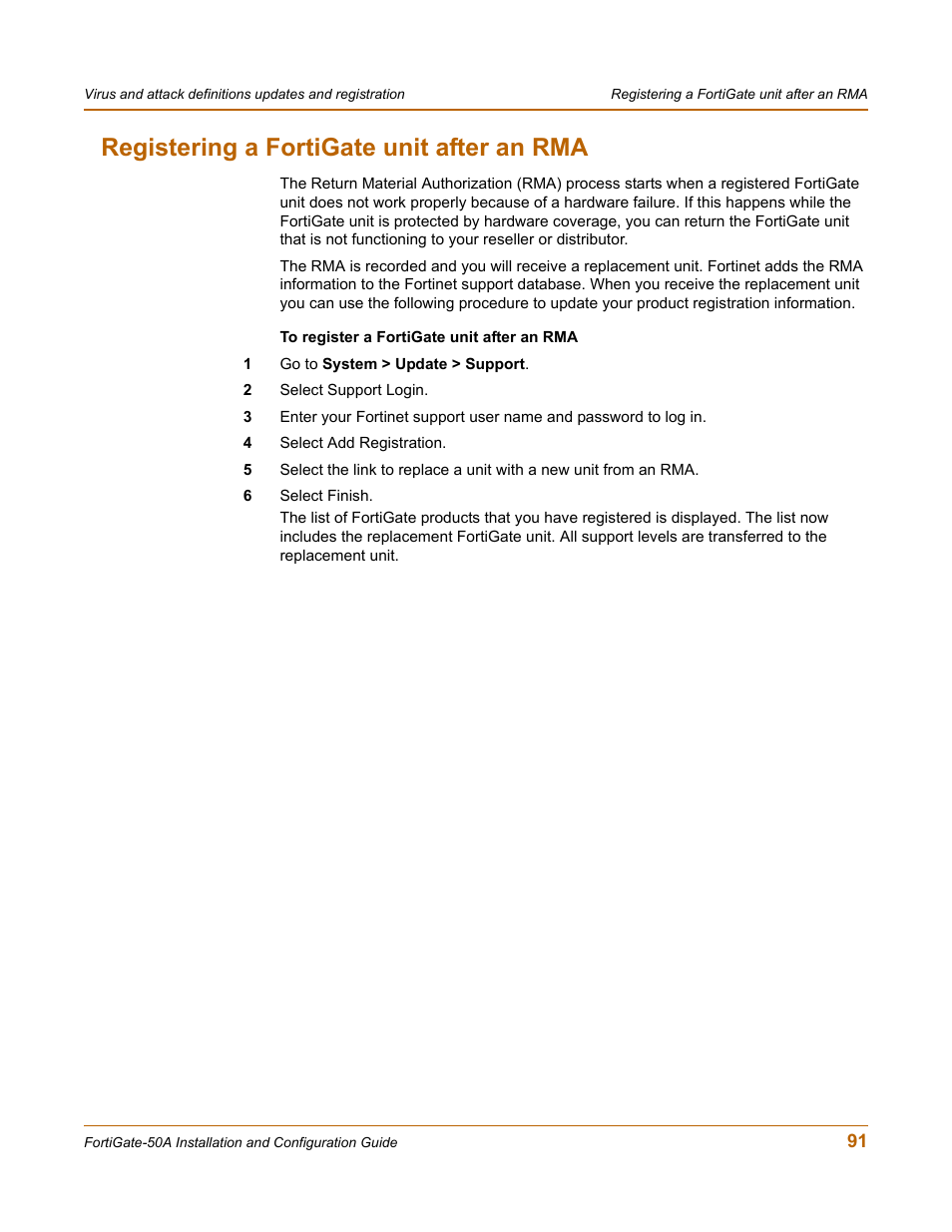 Registering a fortigate unit after an rma | Fortinet FortiGate 50A User Manual | Page 91 / 272