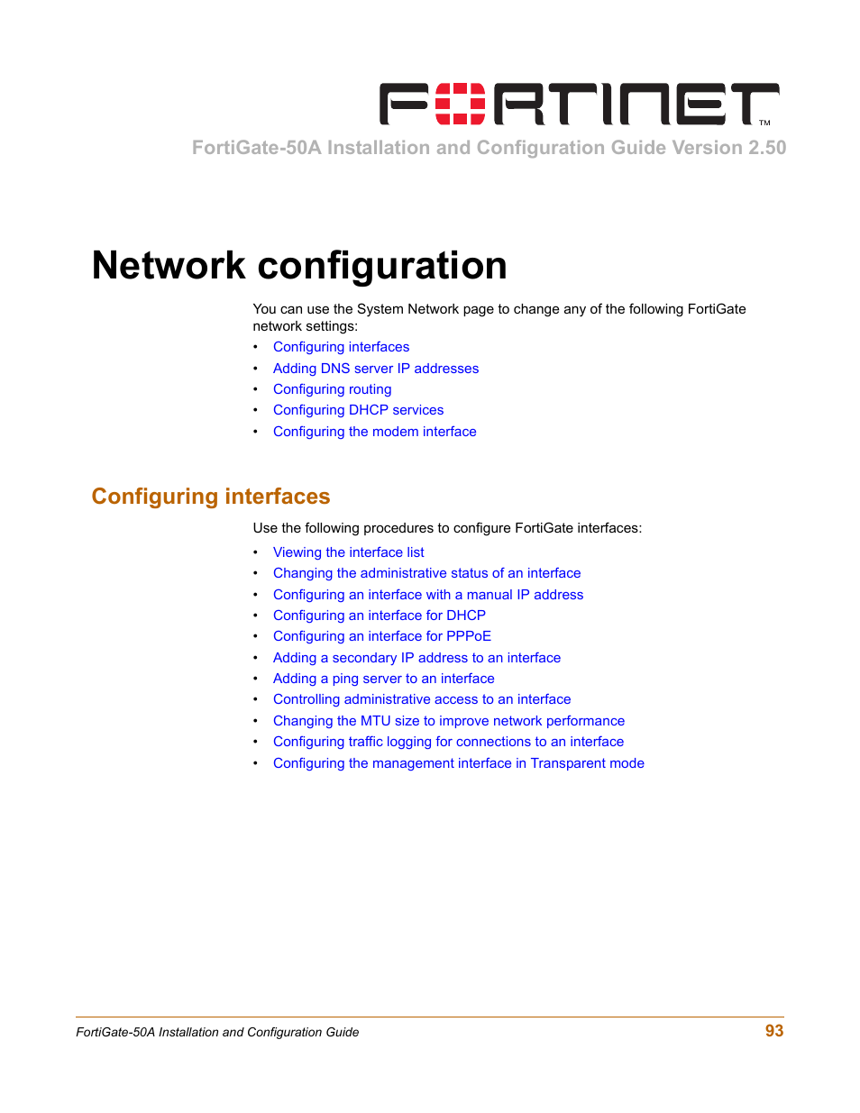 Network configuration, Configuring interfaces | Fortinet FortiGate 50A User Manual | Page 93 / 272