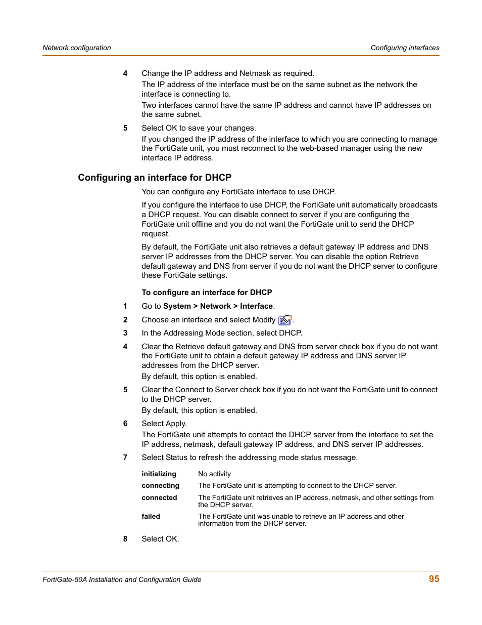 Configuring an interface for dhcp | Fortinet FortiGate 50A User Manual | Page 95 / 272