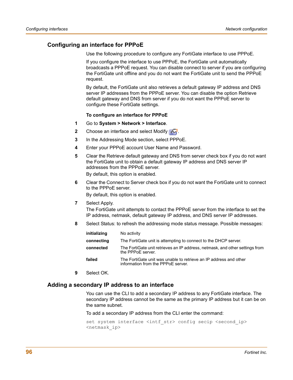 Configuring an interface for pppoe, Adding a secondary ip address to an interface | Fortinet FortiGate 50A User Manual | Page 96 / 272