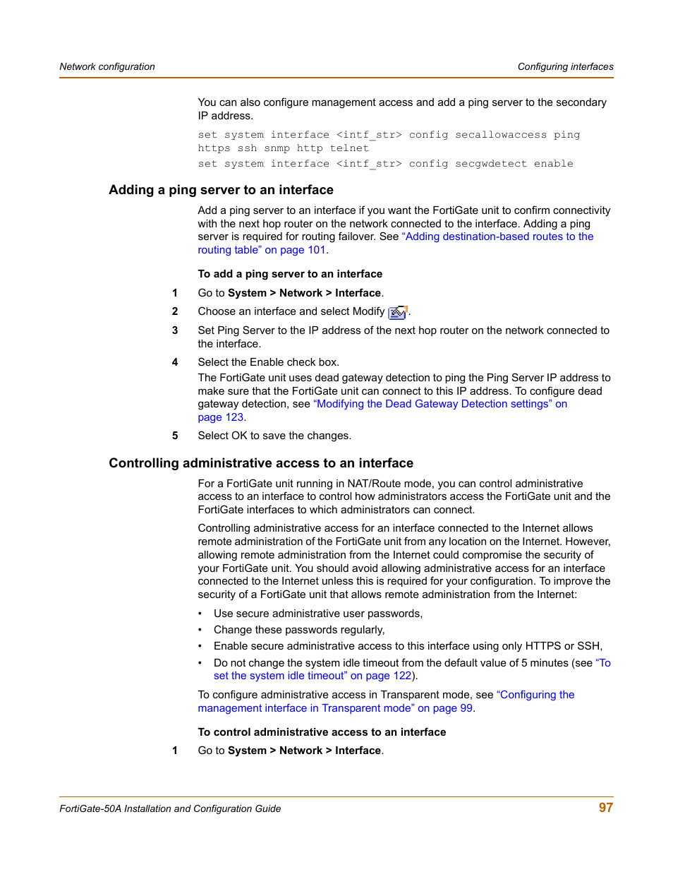 Adding a ping server to an interface, Controlling administrative access to an interface | Fortinet FortiGate 50A User Manual | Page 97 / 272