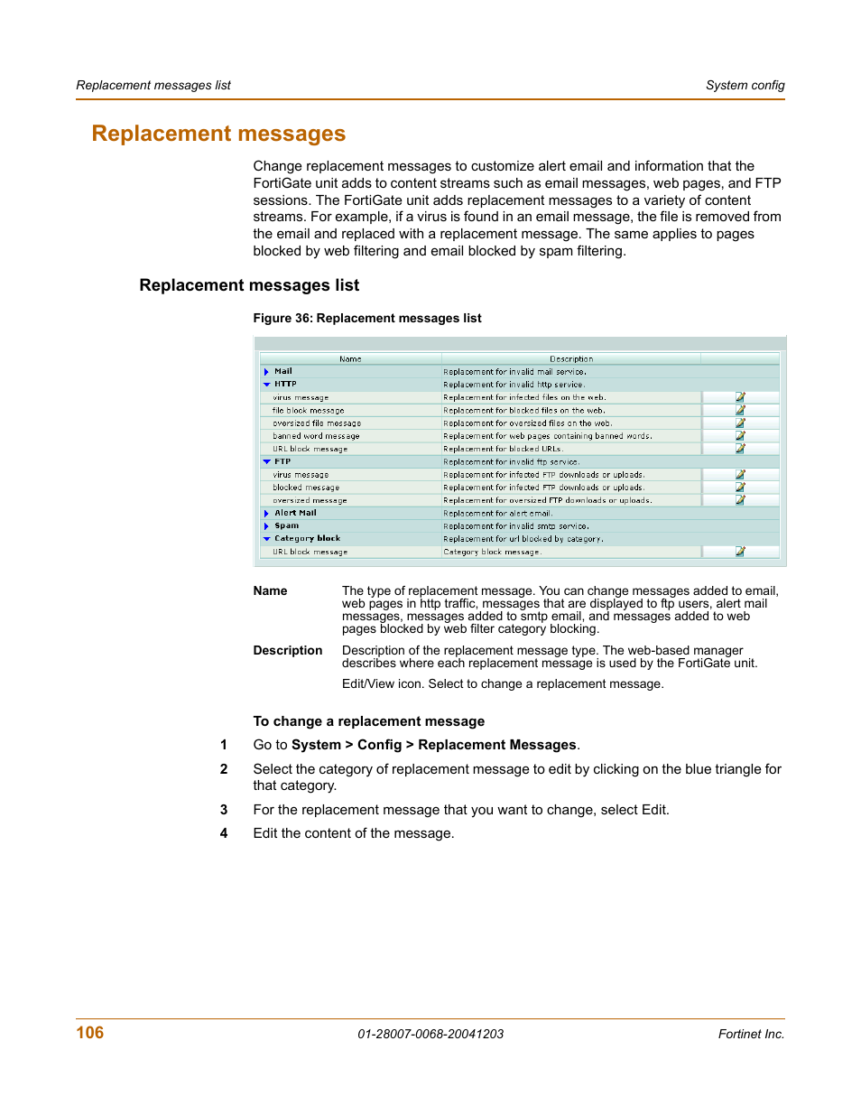 Replacement messages, Replacement messages list | Fortinet 100A User Manual | Page 106 / 374