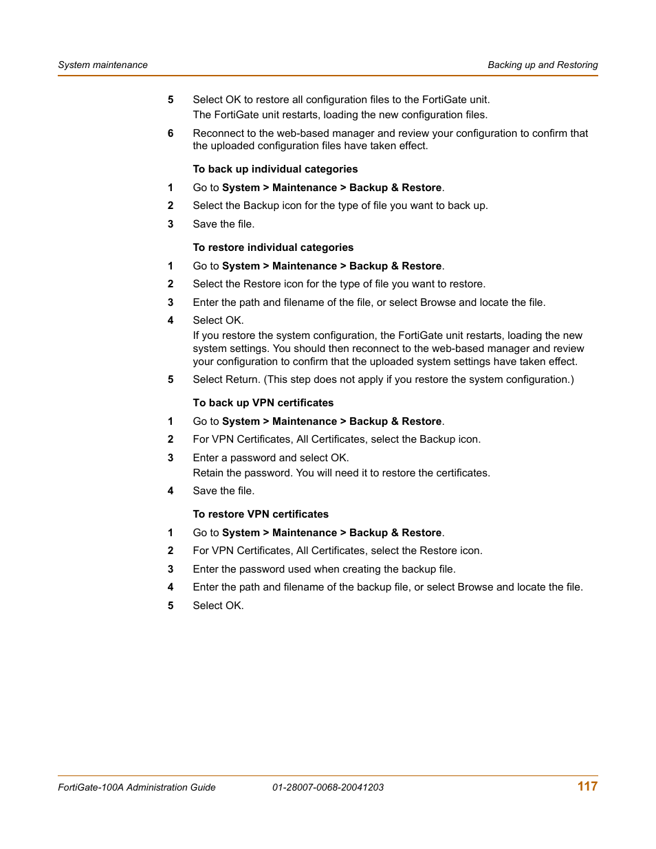 Protected file. see, To restore vpn certificates, To back up | Fortinet 100A User Manual | Page 117 / 374