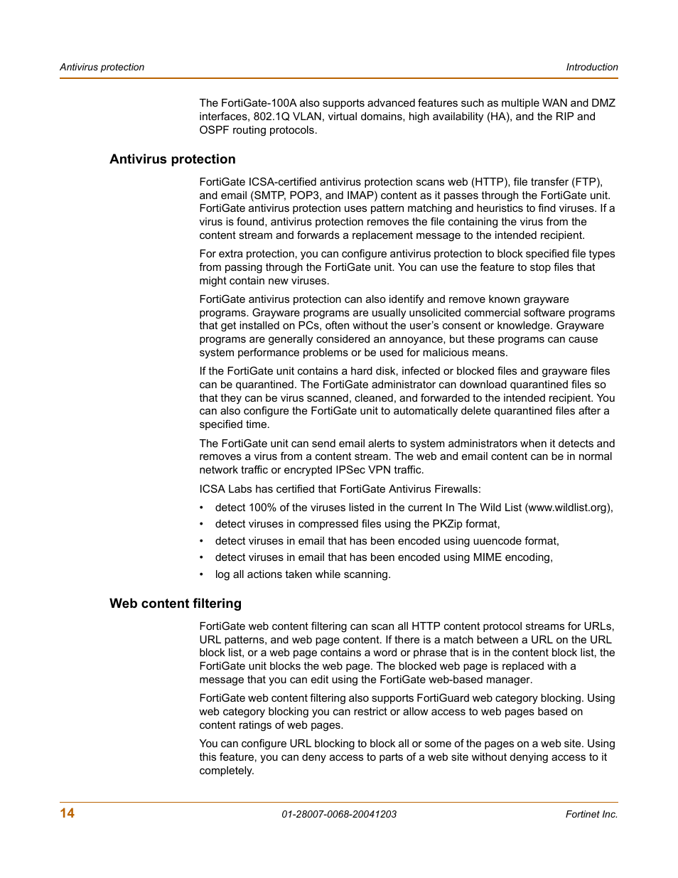 Antivirus protection, Web content filtering, Antivirus protection web content filtering | Fortinet 100A User Manual | Page 14 / 374
