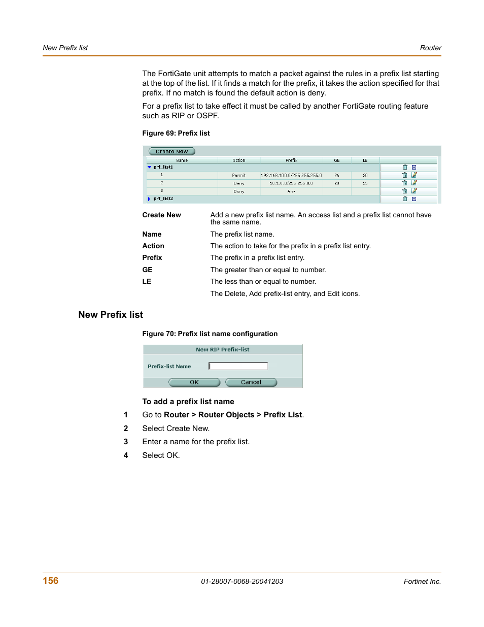 New prefix list | Fortinet 100A User Manual | Page 156 / 374