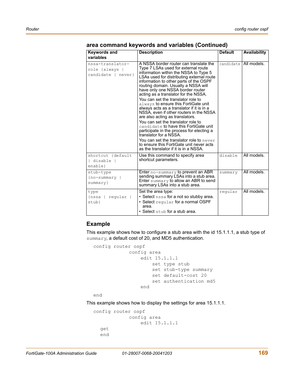Example, 169 example, Area command keywords and variables (continued) | Fortinet 100A User Manual | Page 169 / 374