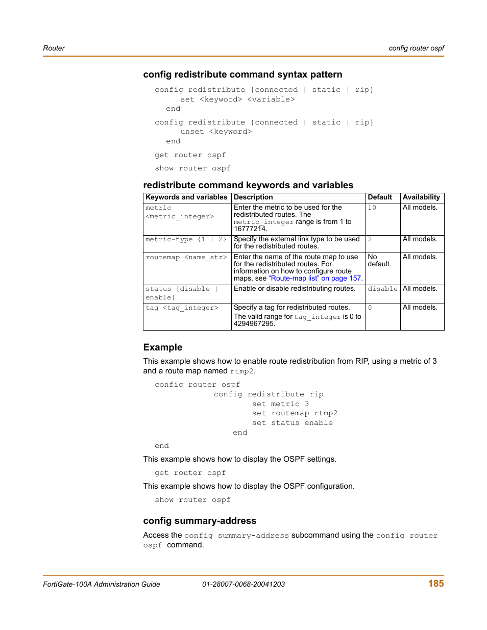 Config redistribute command syntax pattern, Example, Config summary-address | Fortinet 100A User Manual | Page 185 / 374