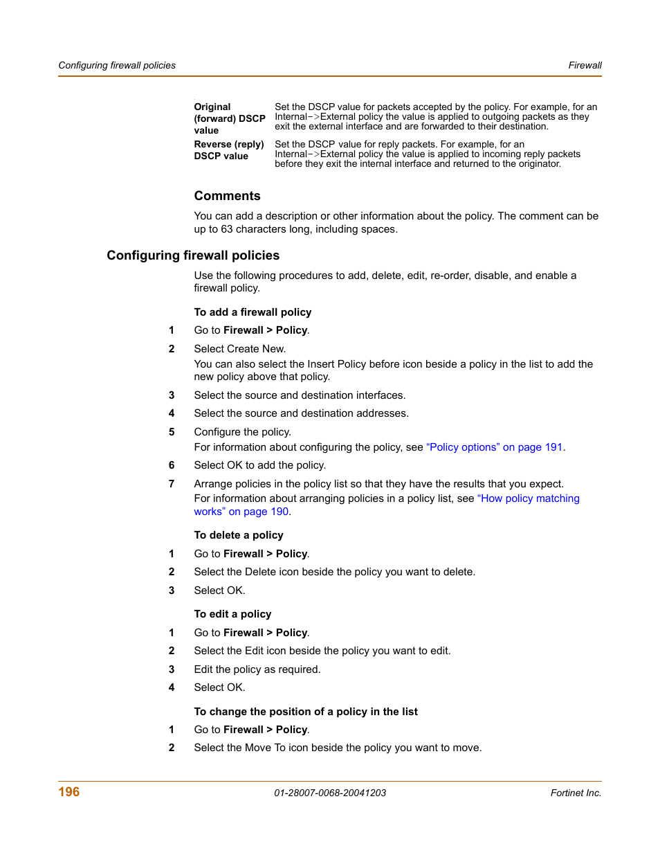 Comments, Configuring firewall policies | Fortinet 100A User Manual | Page 196 / 374