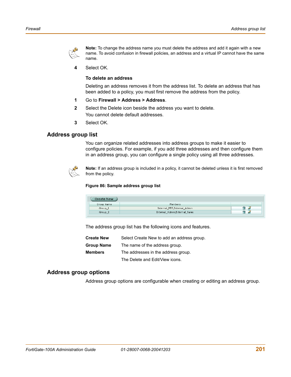 Address group list, Address group options, Address group list address group options | Fortinet 100A User Manual | Page 201 / 374