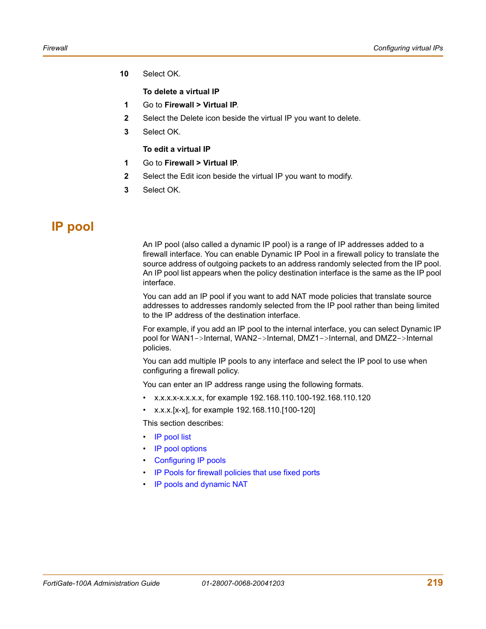 Ip pool, Ip pool” on | Fortinet 100A User Manual | Page 219 / 374