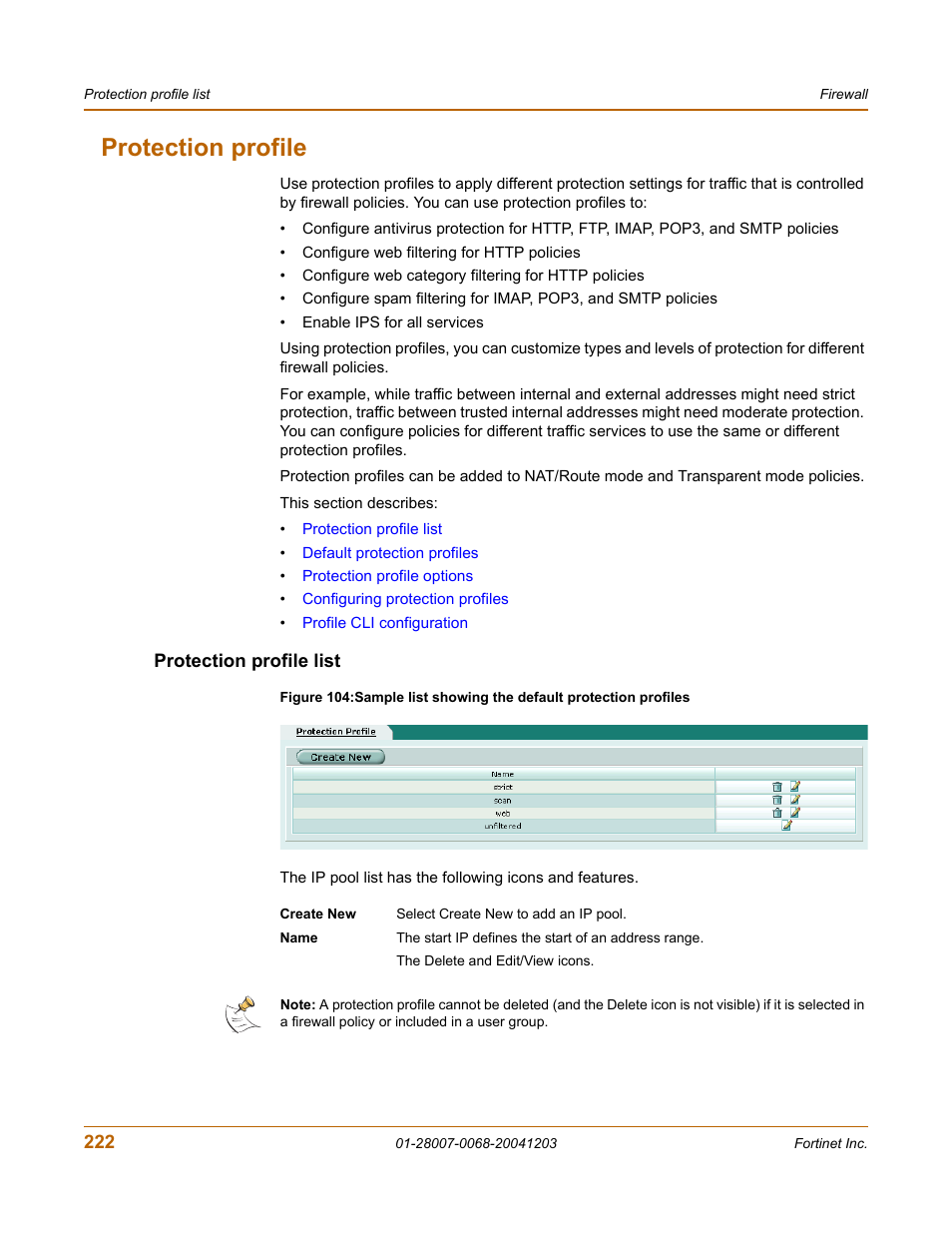 Protection profile, Protection profile list | Fortinet 100A User Manual | Page 222 / 374