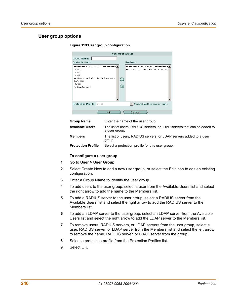 User group options | Fortinet 100A User Manual | Page 240 / 374