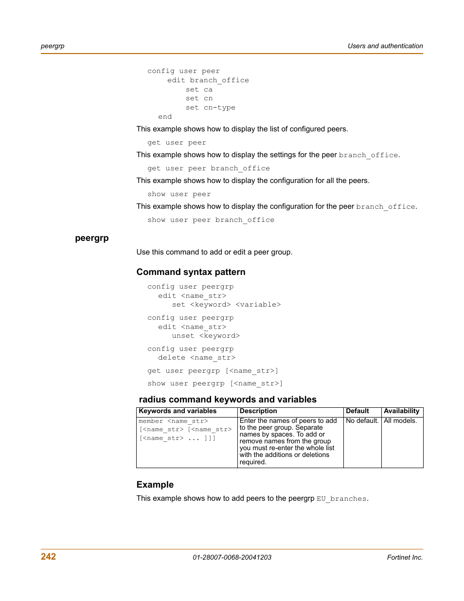 Peergrp, Command syntax pattern, Example | Fortinet 100A User Manual | Page 242 / 374