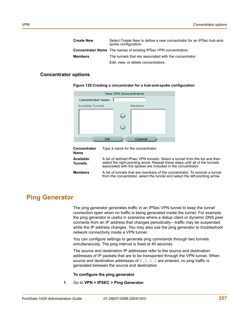 Concentrator options, Ping generator | Fortinet 100A User Manual | Page 257 / 374
