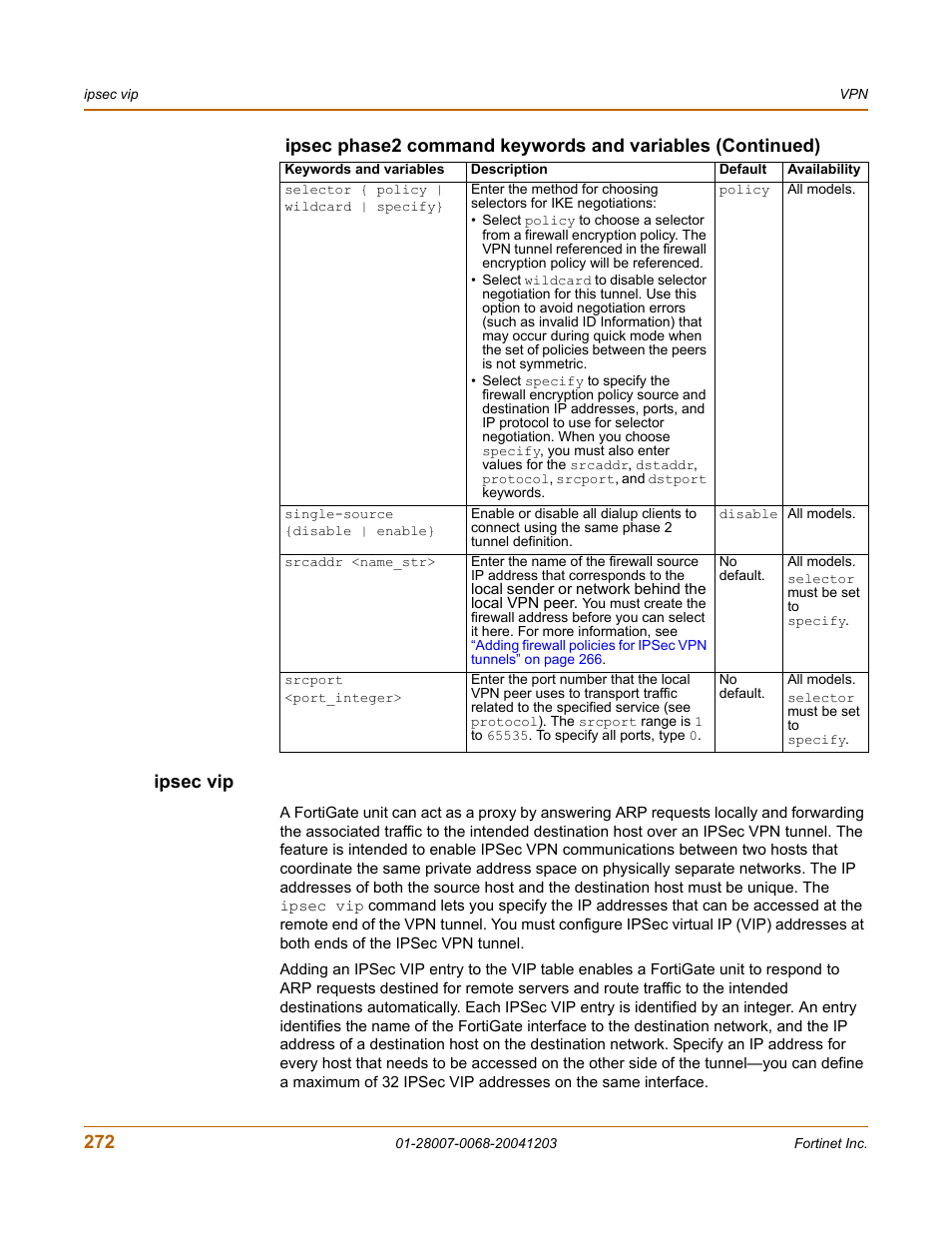 Ipsec vip | Fortinet 100A User Manual | Page 272 / 374