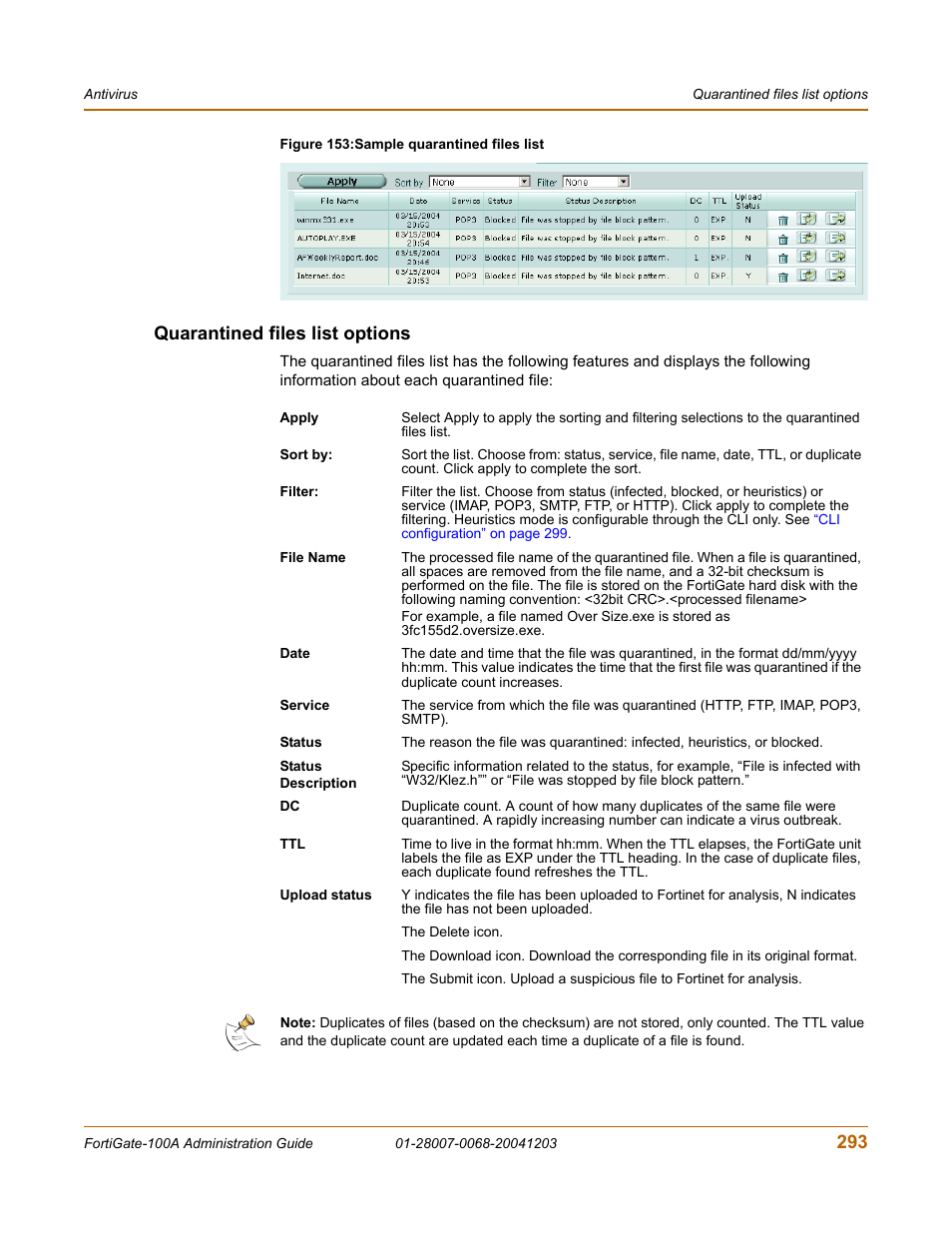 Quarantined files list options | Fortinet 100A User Manual | Page 293 / 374