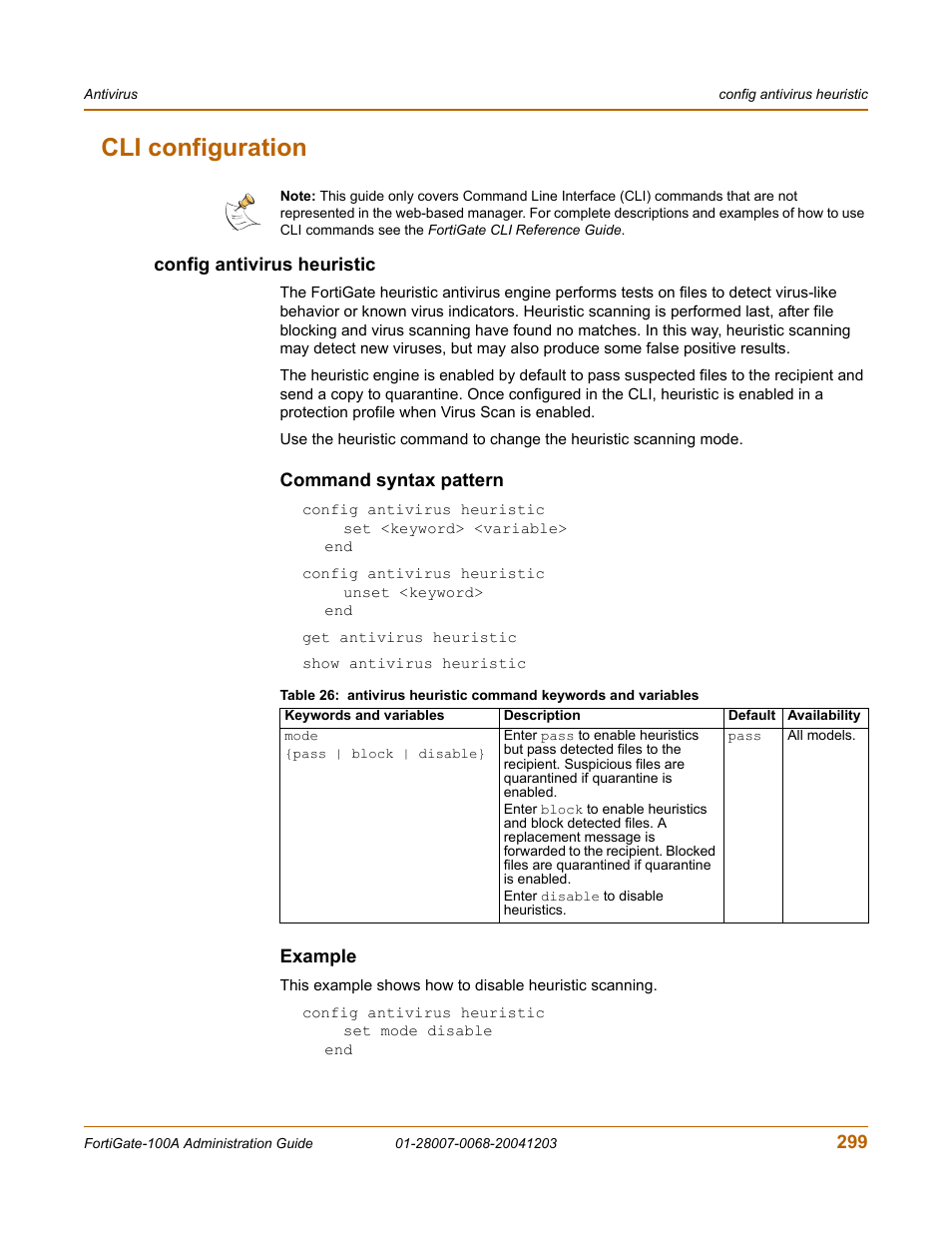 Cli configuration, Config antivirus heuristic, Command syntax pattern | Example | Fortinet 100A User Manual | Page 299 / 374