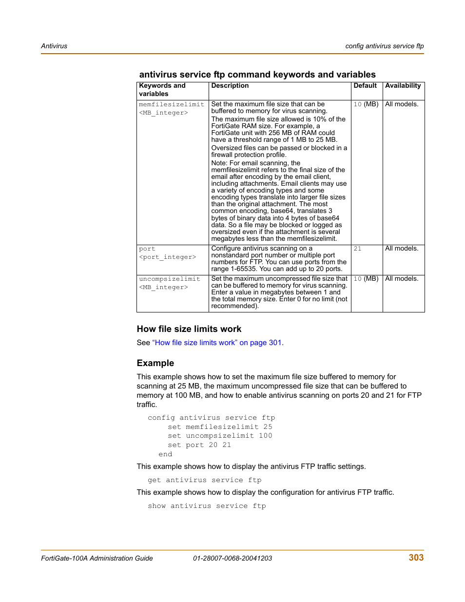 How file size limits work, Example, 303 how file size limits work | Fortinet 100A User Manual | Page 303 / 374