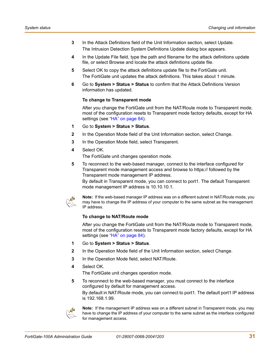 To change to transparent mode, To change to nat/route mode | Fortinet 100A User Manual | Page 31 / 374