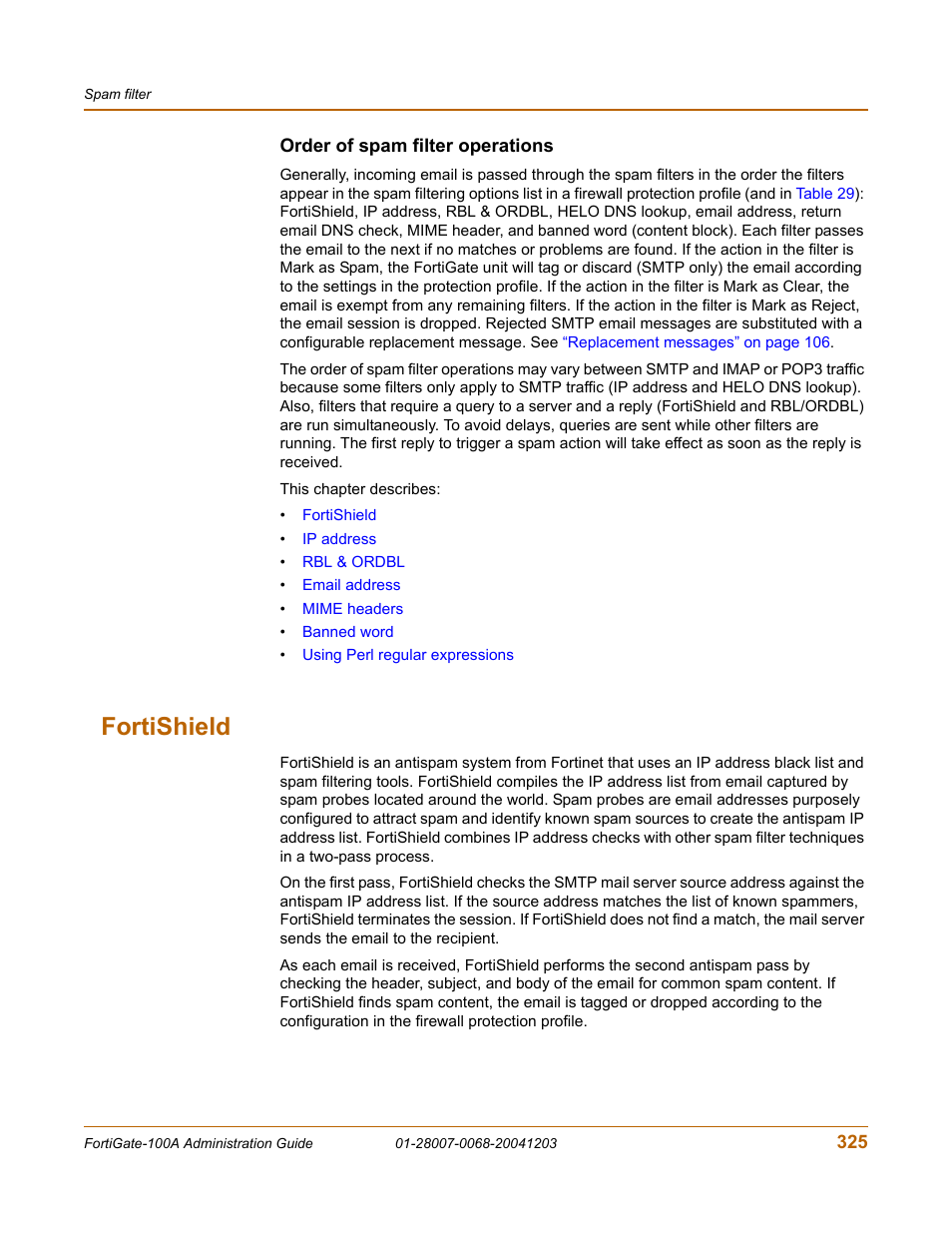 Order of spam filter operations, Fortishield | Fortinet 100A User Manual | Page 325 / 374