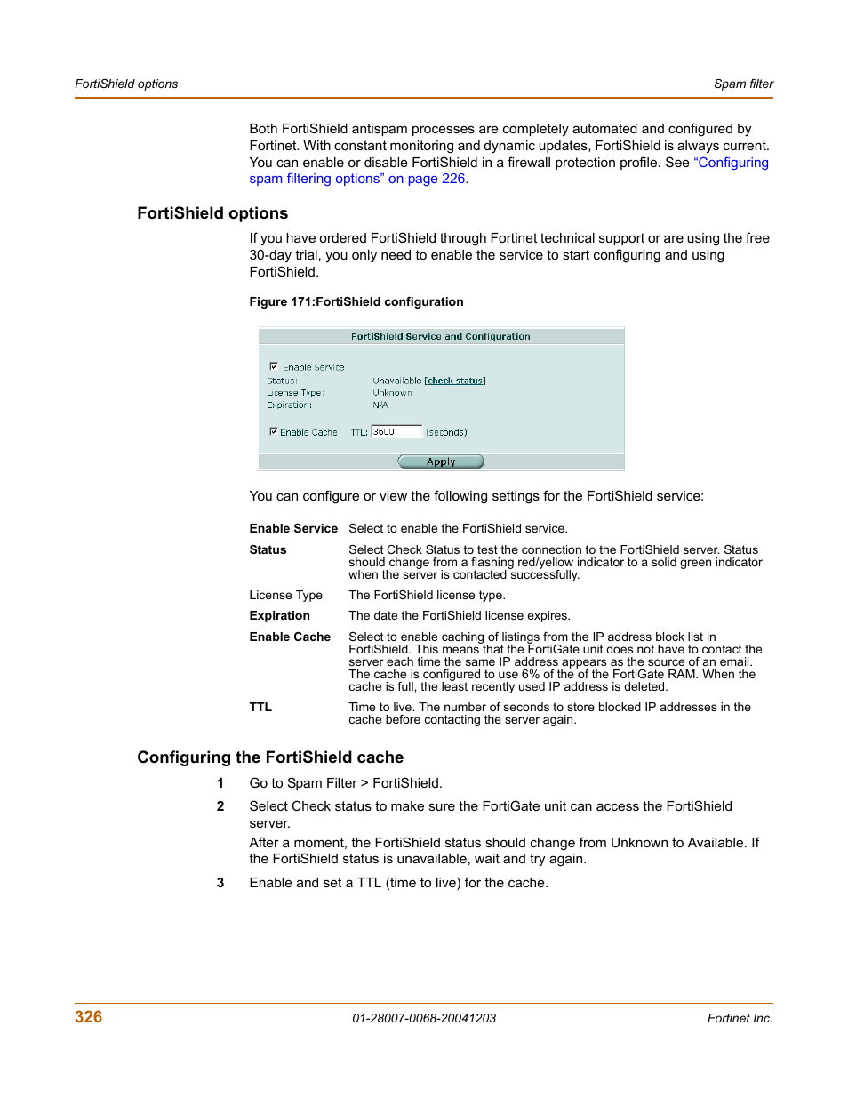 Fortishield options, Configuring the fortishield cache | Fortinet 100A User Manual | Page 326 / 374