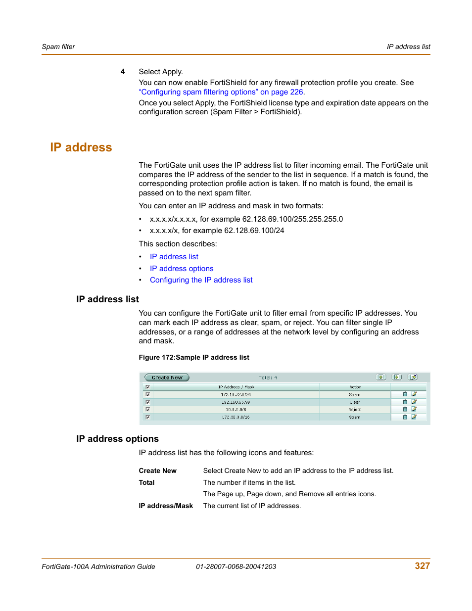 Ip address, Ip address list, Ip address options | Ip address list ip address options | Fortinet 100A User Manual | Page 327 / 374