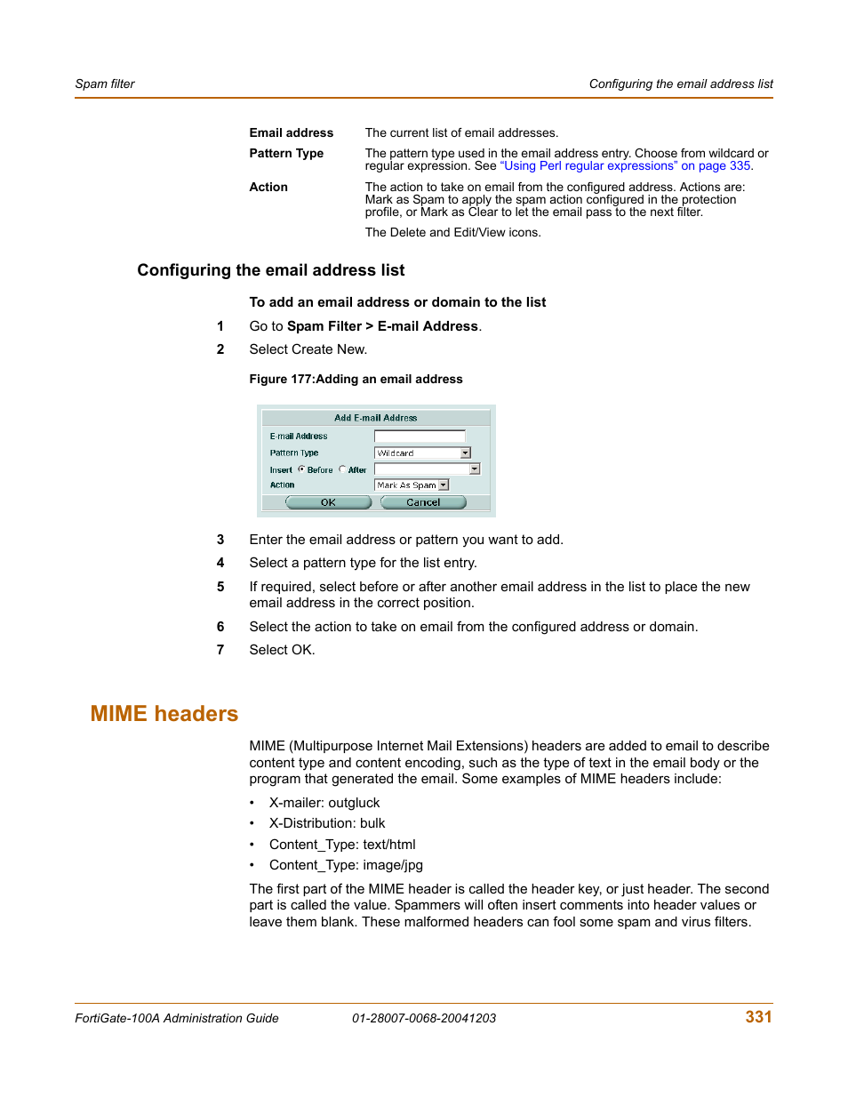 Configuring the email address list, Mime headers | Fortinet 100A User Manual | Page 331 / 374