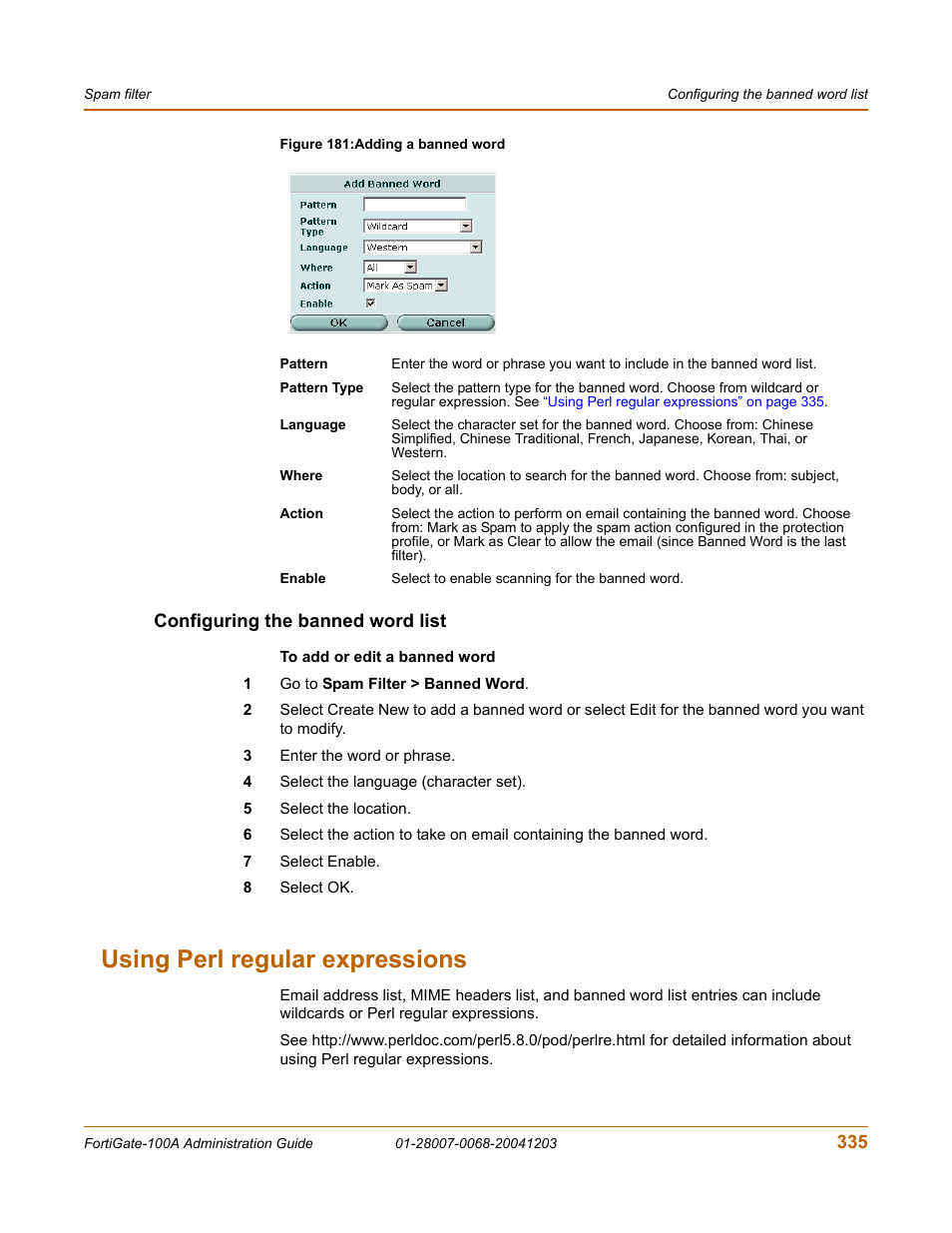 Configuring the banned word list, Using perl regular expressions, List. see | On. see, Using perl regular | Fortinet 100A User Manual | Page 335 / 374