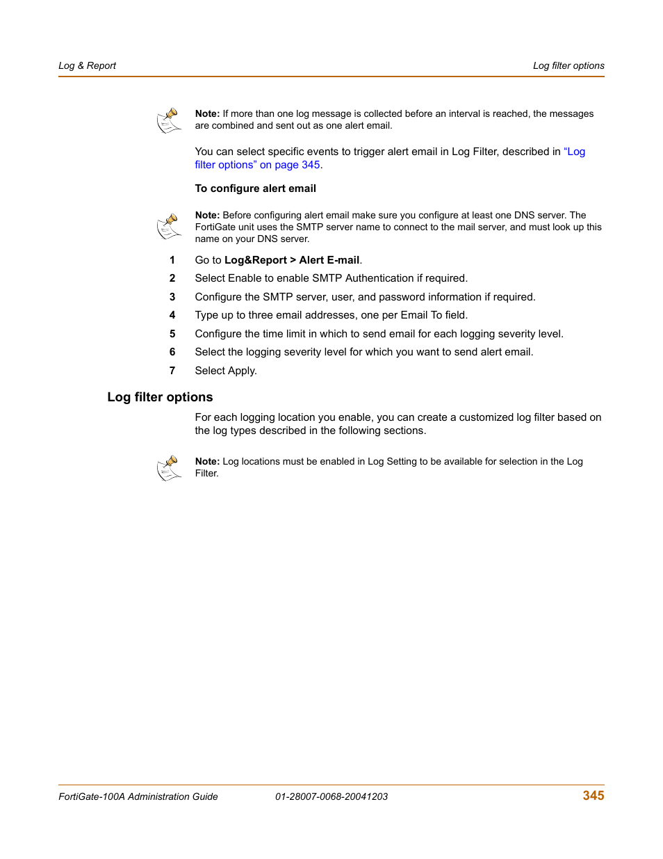 Log filter options | Fortinet 100A User Manual | Page 345 / 374