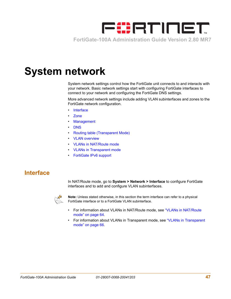 System network, Interface | Fortinet 100A User Manual | Page 47 / 374