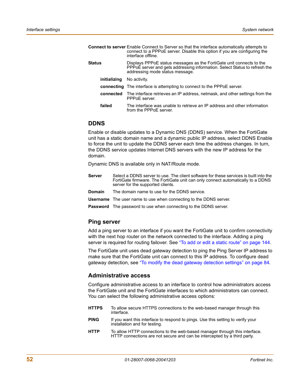 Ddns, Ping server, Administrative access | Fortinet 100A User Manual | Page 52 / 374