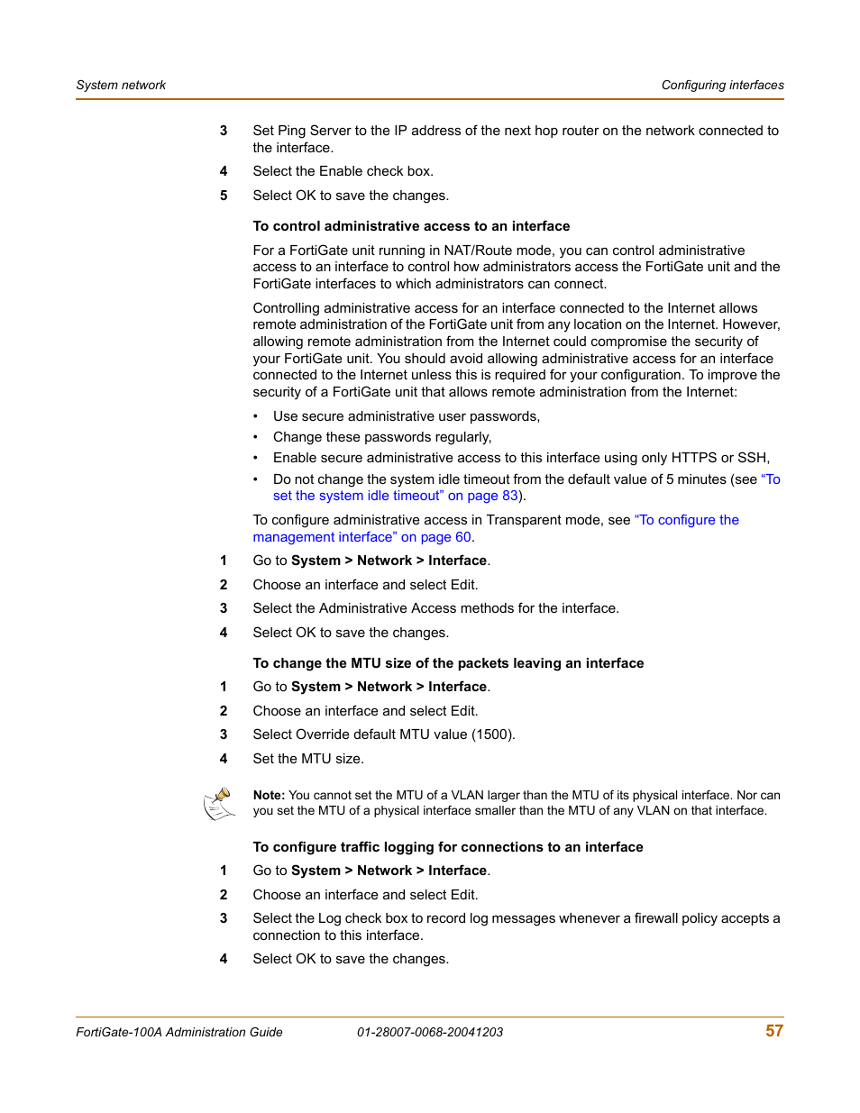 To control administrative access to an interface | Fortinet 100A User Manual | Page 57 / 374