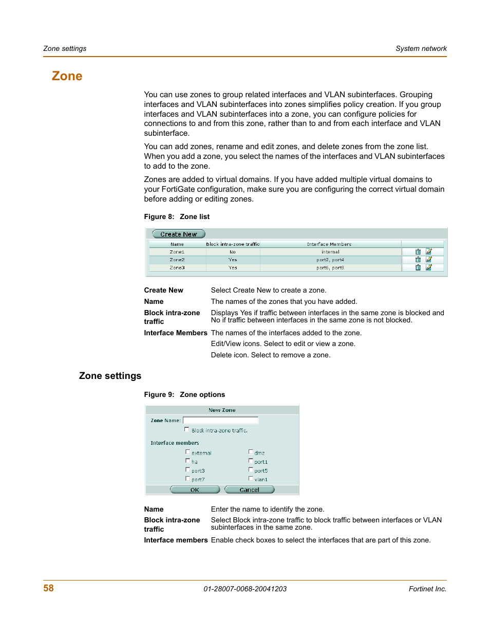 Zone, Zone settings | Fortinet 100A User Manual | Page 58 / 374