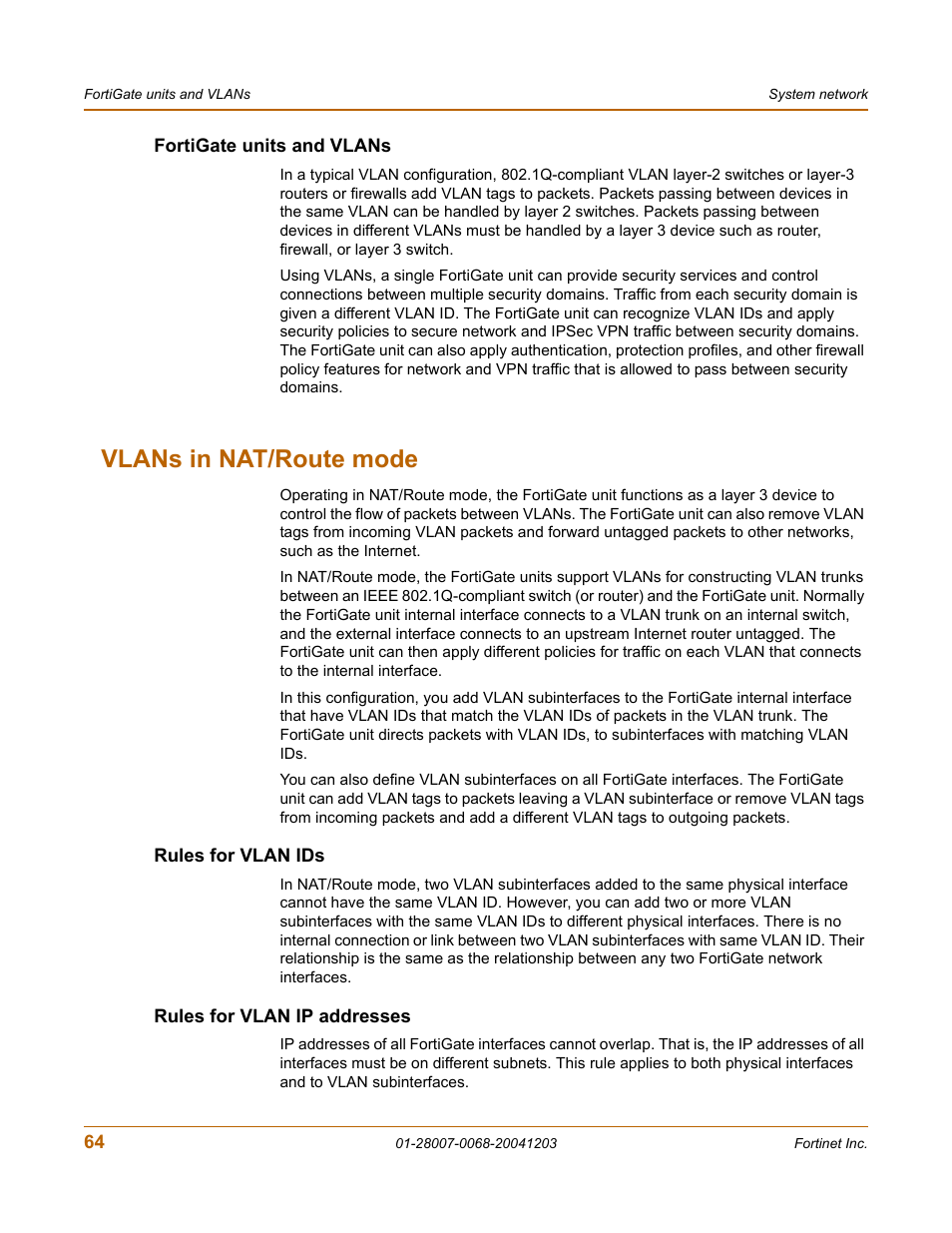 Fortigate units and vlans, Vlans in nat/route mode, Rules for vlan ids | Rules for vlan ip addresses, Rules for vlan ids rules for vlan ip addresses, Vlans in nat/route | Fortinet 100A User Manual | Page 64 / 374