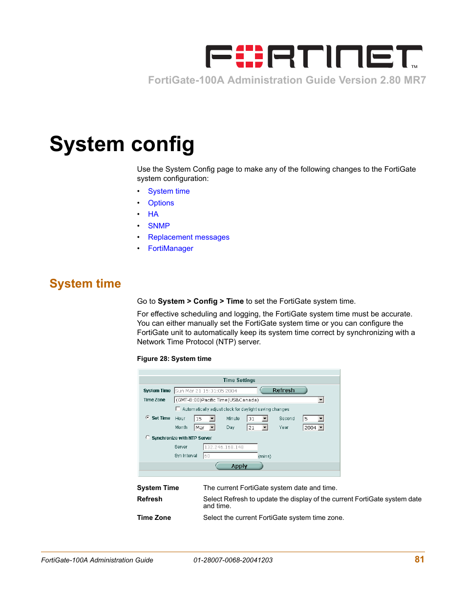 System config, System time | Fortinet 100A User Manual | Page 81 / 374
