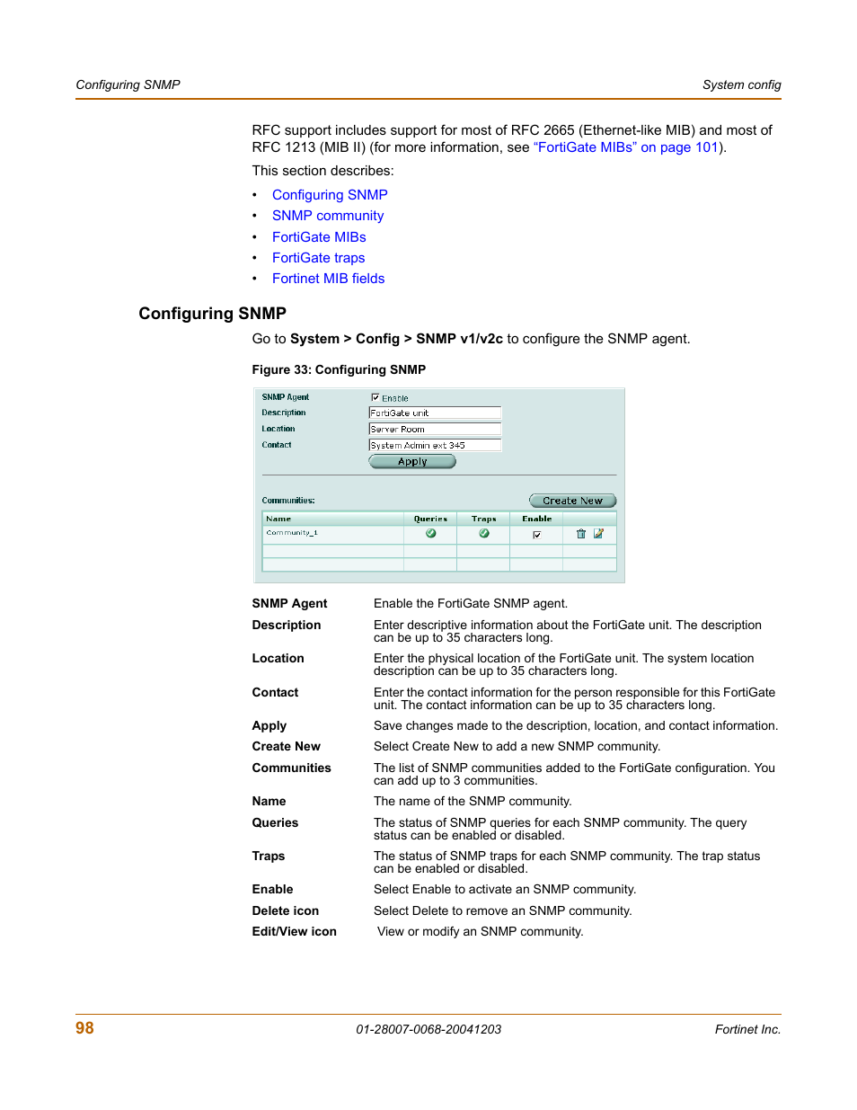 Configuring snmp | Fortinet 100A User Manual | Page 98 / 374