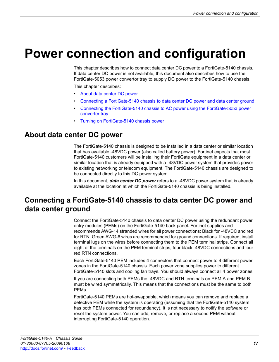 Power connection and configuration, About data center dc power | Fortinet FortiGate 5140-R User Manual | Page 17 / 32